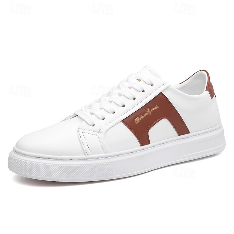 Zapatillas casuales de piel sintética blanca para hombre con panel de acento marrón y diseño con cordones, zapatos de calle cómodos para atuendos urbanos y deportivos diarios. 2026 - $46.99 –P2