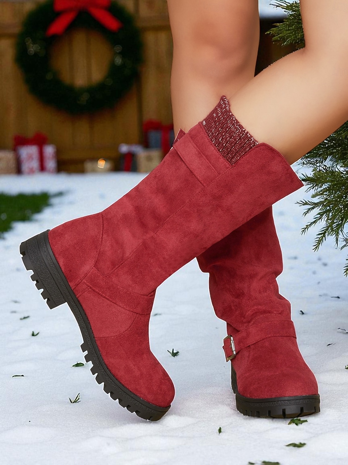 Women's Red Faux Suede Mid-Calf Boots with Adjustable Buckles and Non-Slip Sole, Casual Comfort Knit Boots for Christmas & Daily Wear 2025 - €49.99 –P5
