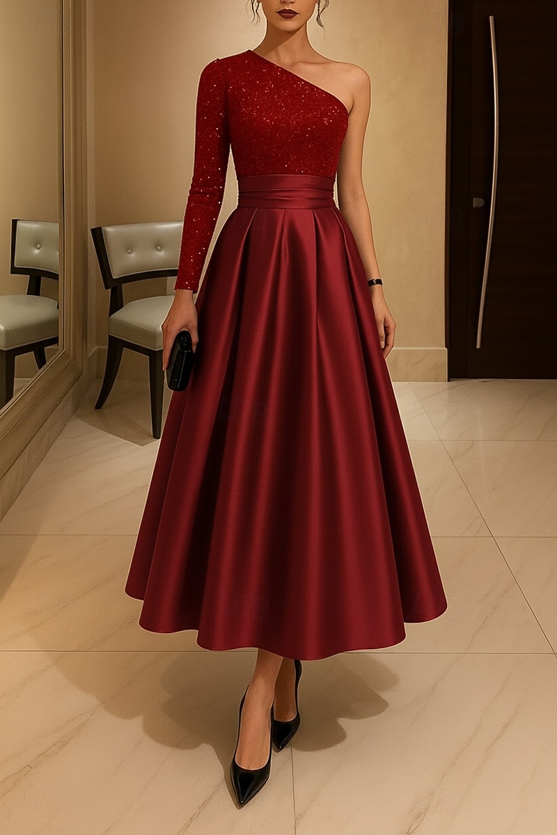 Corte A Vestido Midi Vestidos de coctel Vestidos de fiesta Elegante Manga Larga Un Hombro Fiesta de jardin Boda Satén Lentejuelas con Plisado Lentejuela 2026 - $172.99 –P5