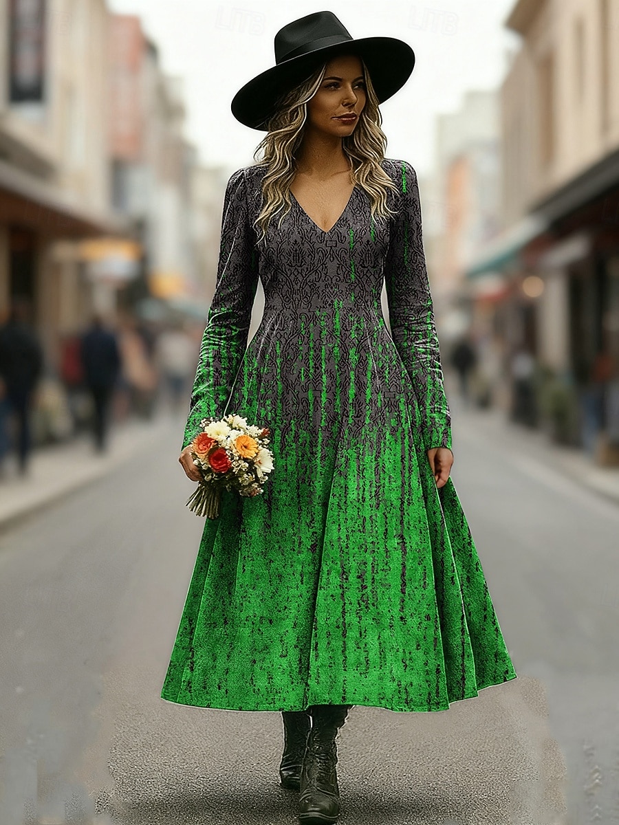 Per donna Abito Midi Abito a trapezio Vacanza Casual Quotidiano Vestibilità regolare Grafico Astratto Manica Lunga Scollo a V Blu Rosso Viola Verde Autunno Inverno del 2026 a $37.99 –P2