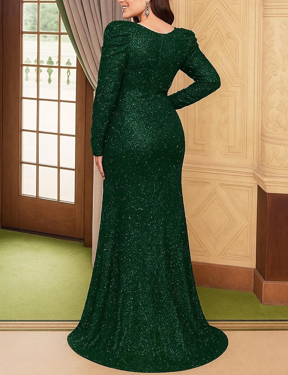 A-Linie Brautmutterkleid Elegant Vintage Übergröße V Ausschnitt Bodenlang Paillettenbesetzt Langarm mit Paillette 2025 - $104.99 –P2