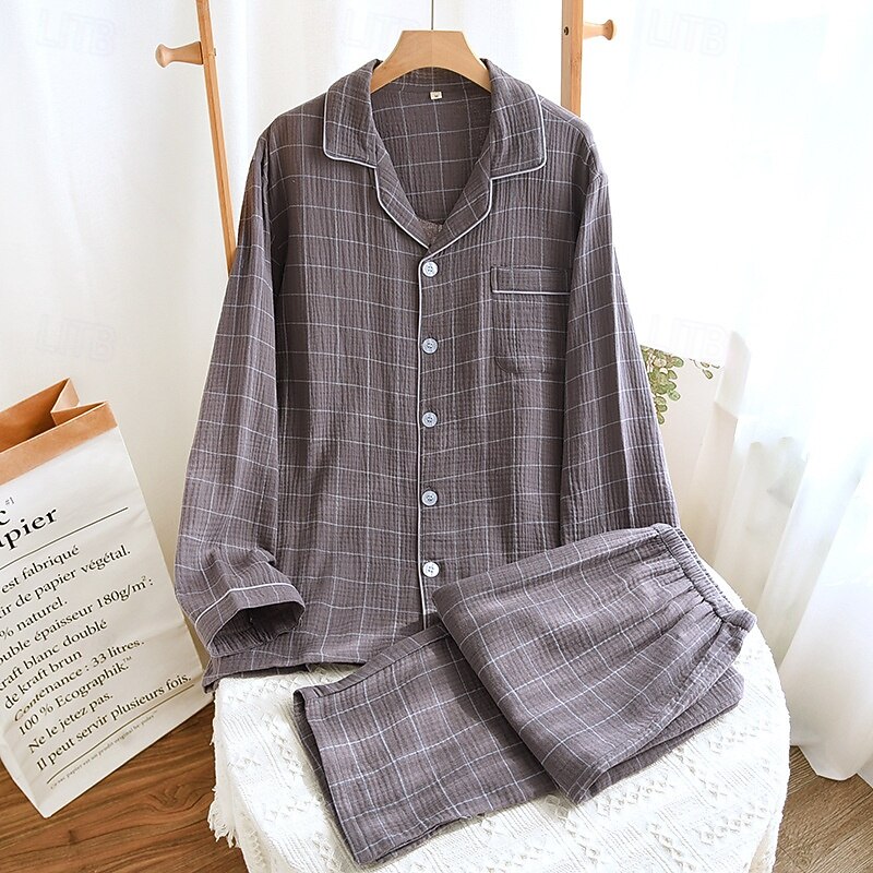 Men's Sleepwear Pajama Set Pajama Top and Pant 1 set Plaid Fashion Stylish Classic Home Daily Bed Cotton Comfort Soft Breathable Lapel Long Sleeve Shirt Pant Elastic Waist Buttons Spring Fall Navy 2026 - $43.99 –P3