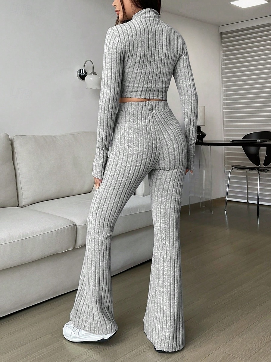 Women's Pants Sets Bolero Top Long Sleeve Shirt Collar Solid Color Zipper Fashion Streetwear Casual Daily Outdoor Black Wine Camel Spring Slim 2026 - $32.99 –P3
