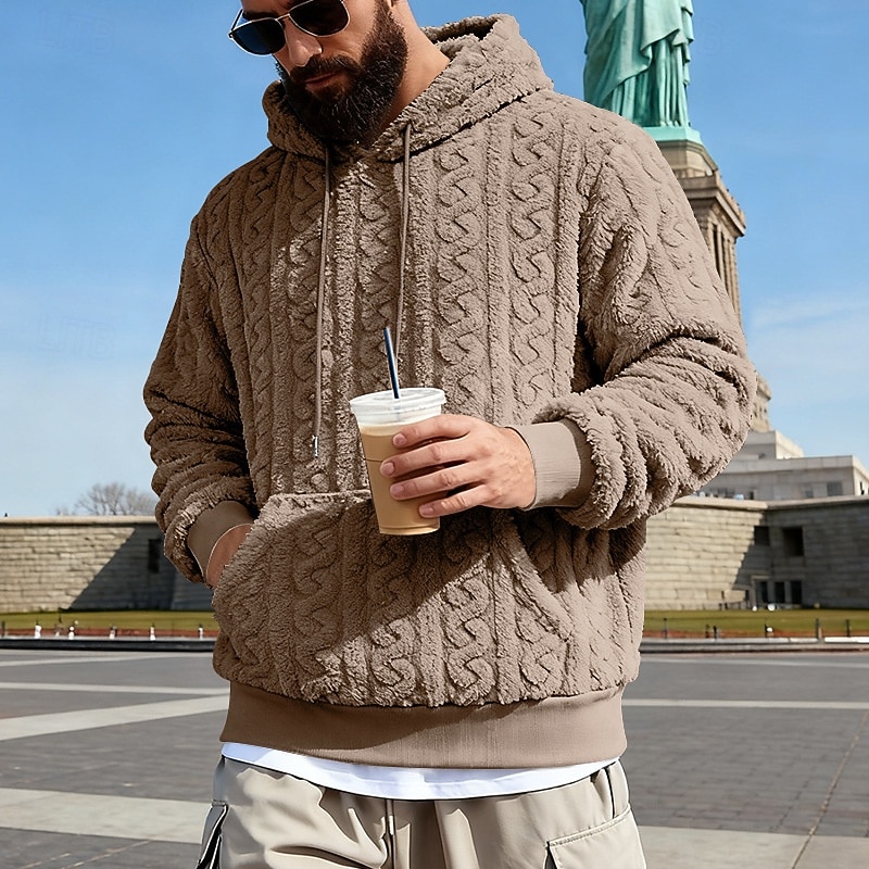 Men's Jacquard Hoodie Fleece Hoodie Apricot Black Brown Gray Light Blue Hooded Plain Kangaroo Pocket Textured Sports & Outdoor Casual Daily Streetwear Cool Sportswear Fall Winter Clothing Apparel 2026 - $28.99 –P6