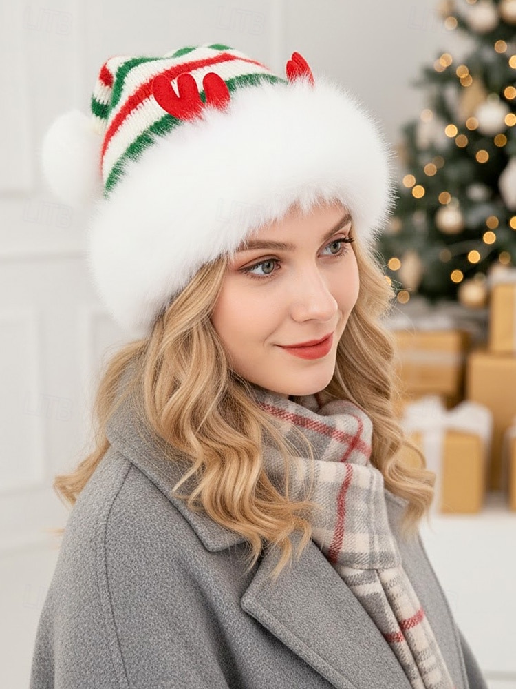 Kerstmuts met strepen voor dames met rendiergewei – polyester materiaal, feestelijk ontwerp voor feestdagen en winterkleding 2026 - $19.99 –P3