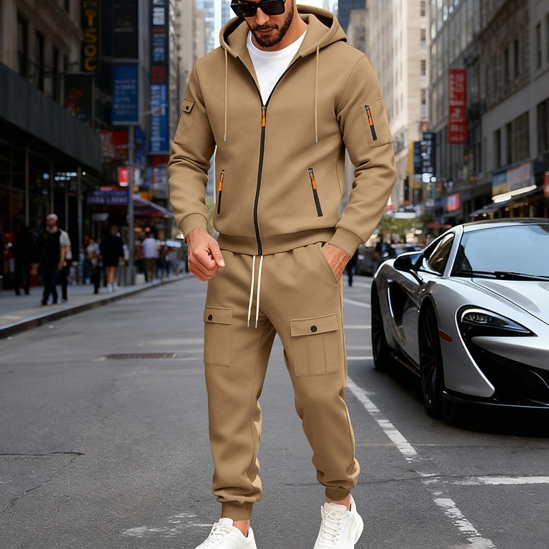 Men's Tracksuit Outfit Set Hoodies Set Hoodie Outdoor Daily Sports Drawstring Zip Up Pocket Plain Black Navy Blue Brown Polyester Activewear Fashion Streetwear Fall 2026 - $56.99 –P17