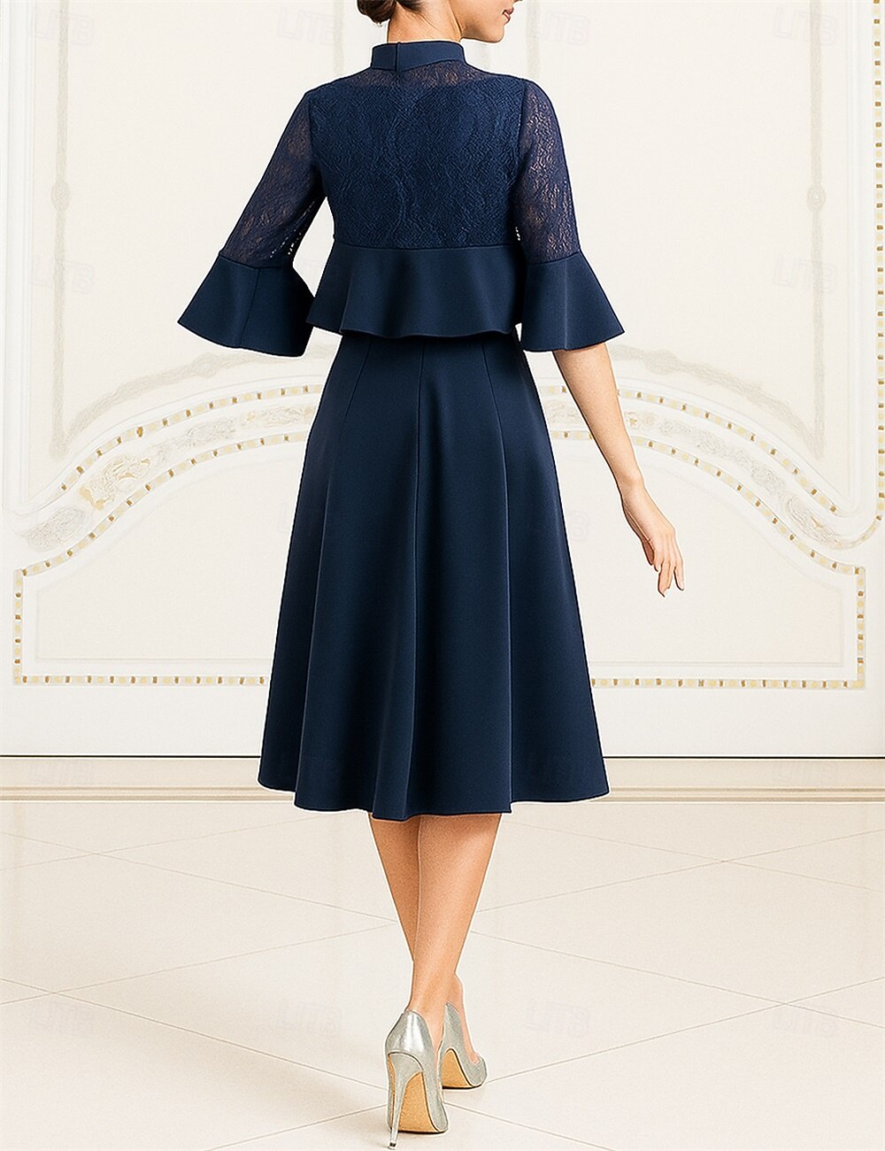 Deux Pièces Ligne A Ensembles de Robes Longueur thé Manche 3/4 Col en V Col haut Élégant ancien Formel Polyester Robe de Mère de Mariée  avec Couleur Unie de 2025 ? $69.99 –P3