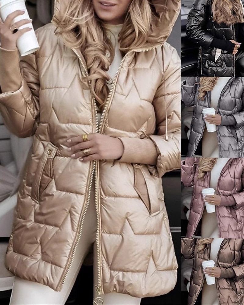 Women's Down Jacket Puffer Jacket Quilted Jacket Warm Comfortable Zipper Pocket Fashion Casual Plain Street Daily Wear Going out Zipper Regular Hooded Regular Fit Long Sleeve Outerwear Black 2026 - $31.99 –P1