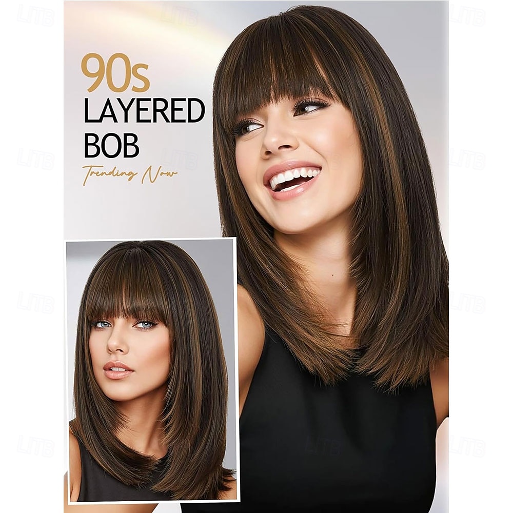 Highlight gelaagde pruiken met pony 14 inch kort gemengd bruin lijmloos kant-en-klare rechte synthetische bobpruiken voor vrouwen realistische hoofdhuid dagelijks cosplaygebruik 2026 - $21.99 –P8