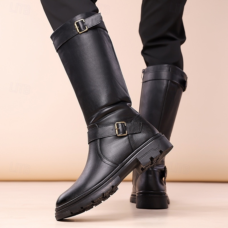 Bottes d'équitation montantes en similicuir marron pour homme avec sangle à boucle, bottes hautes équestres vintage pour la mode et les costumes de 2025 ? $69.99 –P5