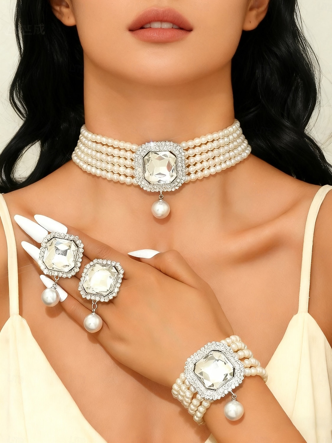 Dámská sada 3 šperků s perlami a zelenými drahokamy, vintage choker, náramek &prsten na vánoční večírky, vánoční dárky &elegantní večery 2026 - $14.99 –P4