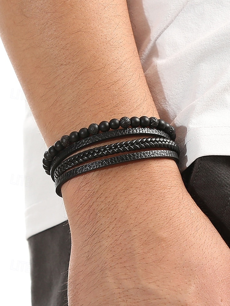 Men's Alloy Faux Leather Beaded Bracelet Set, Multi-Layer Braided Wristband with Magnetic Clasp, Fashion Punk Jewelry for Casual, Party & Gift 2025 - $11.99 –P2