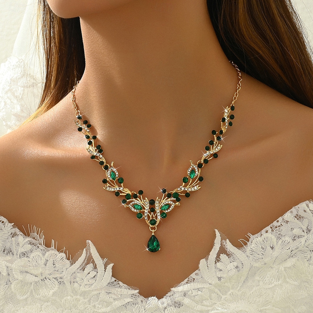 damski komplet biżuterii z czerwonymi kryształkami, elegancki naszyjnik i kolczyki z kryształkami ze złotymi zdobieniami, idealny na imprezy i wesela &wieczorne wydarzenia 2026 - $14.99 –P6