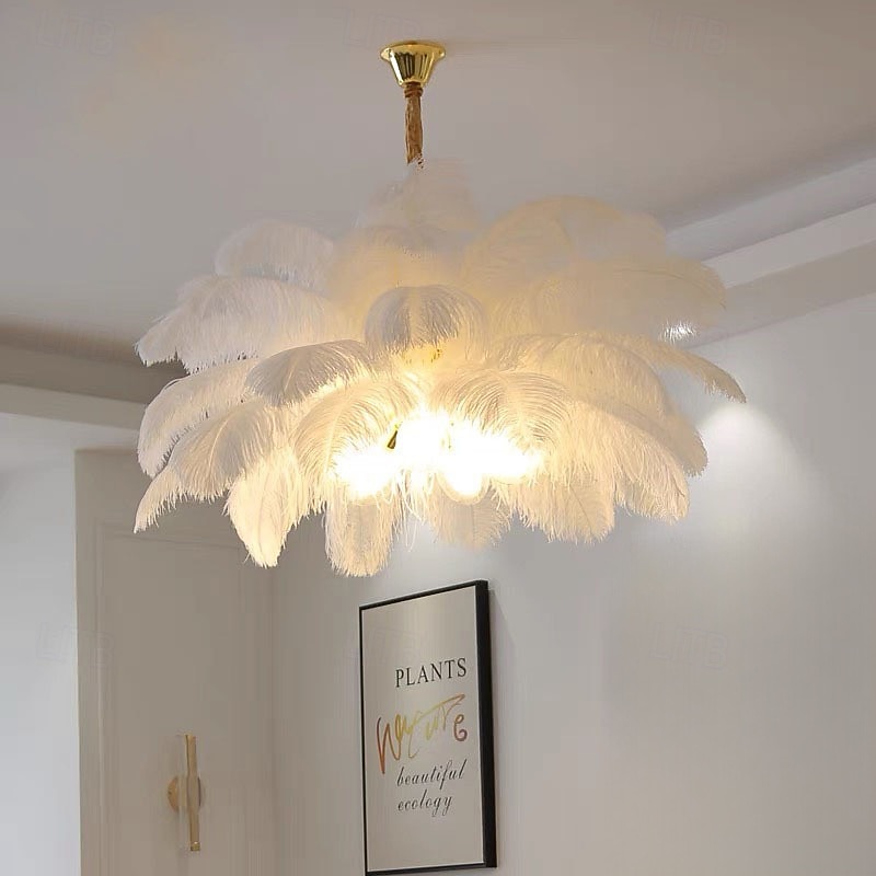 Lámpara colgante LED Lámpara de araña Precioso extra grande Ramo de plumas de avestruz de 80 cm Lámpara colgante de 5 luces Accesorio de iluminación montado romántico para restaurante Dormitorio 2026 - $749.99 –P6