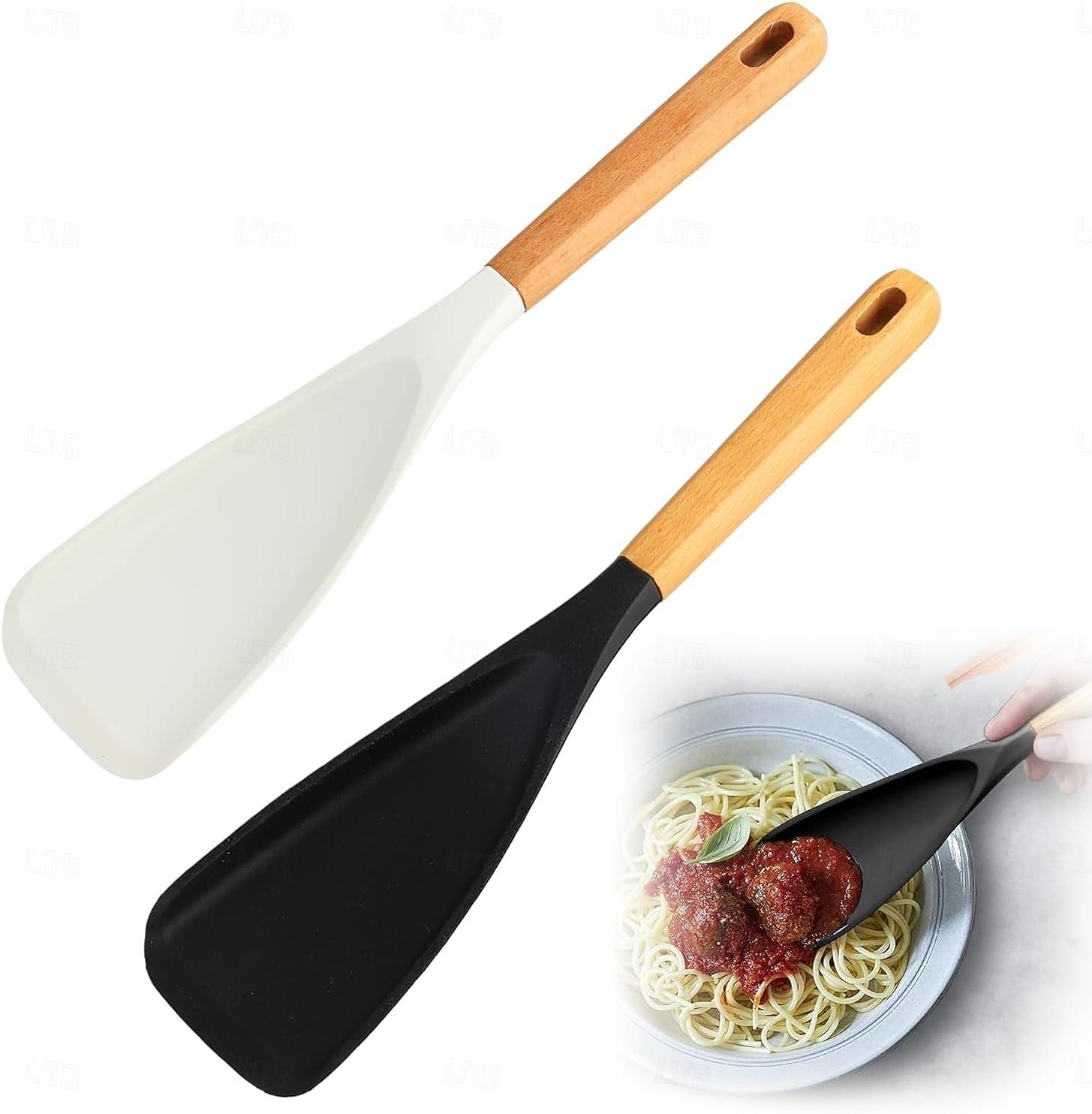 Multifunkční špachtle s ergonomickou dřevěnou rukojetí - odolný nepřilnavý kuchyňský nástroj na vaření, servírování, obracení palačinek, míchání polévky, míchání těsta - černá &bílé možnosti 2026 - $13.99 –P2
