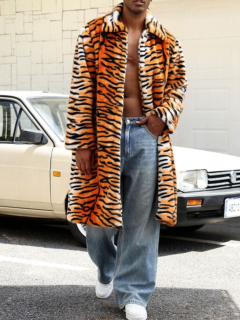 Herre Vinterjakke Fuskepels Feriereise Daglig Hold Varm Fleece Høst Vinter Tigerpels Mote Gatemote Knaphul Lang Oransje Jakker 2026 - $70.99 –P5