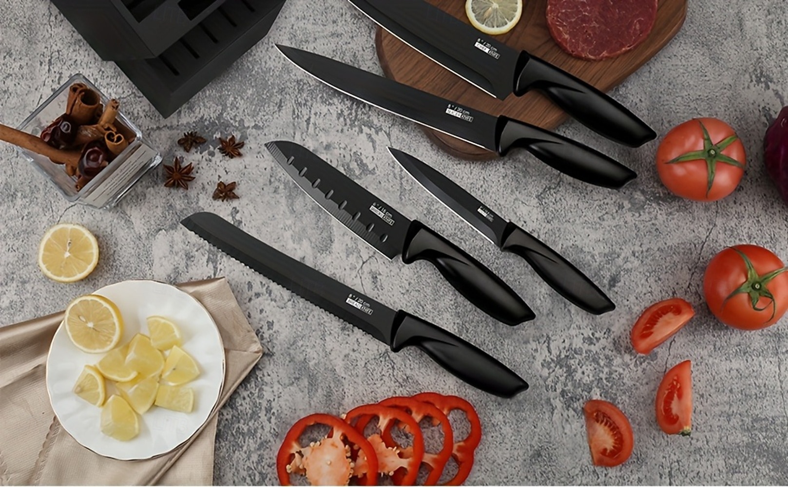 Kokkens selvslipende knivblokksett i rustfritt stål med hamret serie med treholder (15/16/20 deler) inkludert biffkniv, ideelt fargerikt gavevalg for skarpe kjøkkenkniver 2026 - $283.59 –P4