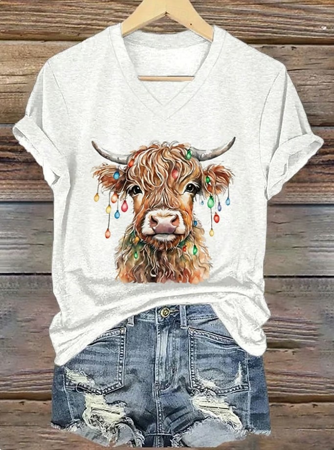 2026年 女性用Tシャツ グラフィック 動物 牛 ヴィンテージ スタイリッシュ クラシック 半袖 Vネック レギュラー トップス 日常用 プリント ブルー ブラック ホワイト ピンク レッド 夏 春 秋 冬  コレクション – $21.99 –P3
