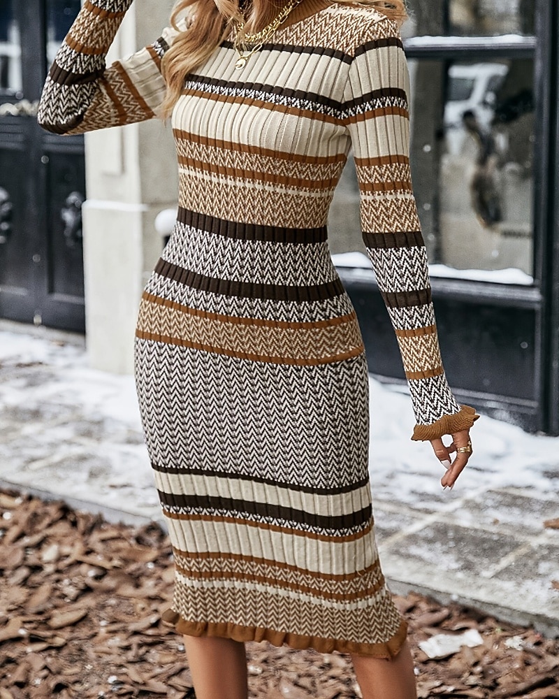 Mulheres Vestido midi Vestido Suéte Vestido da bainha Moderno Diário Para Noite Normal Listrado Manga Longa Gola Redonda Cáqui Outono Inverno de 2025 por $41.99 –P4