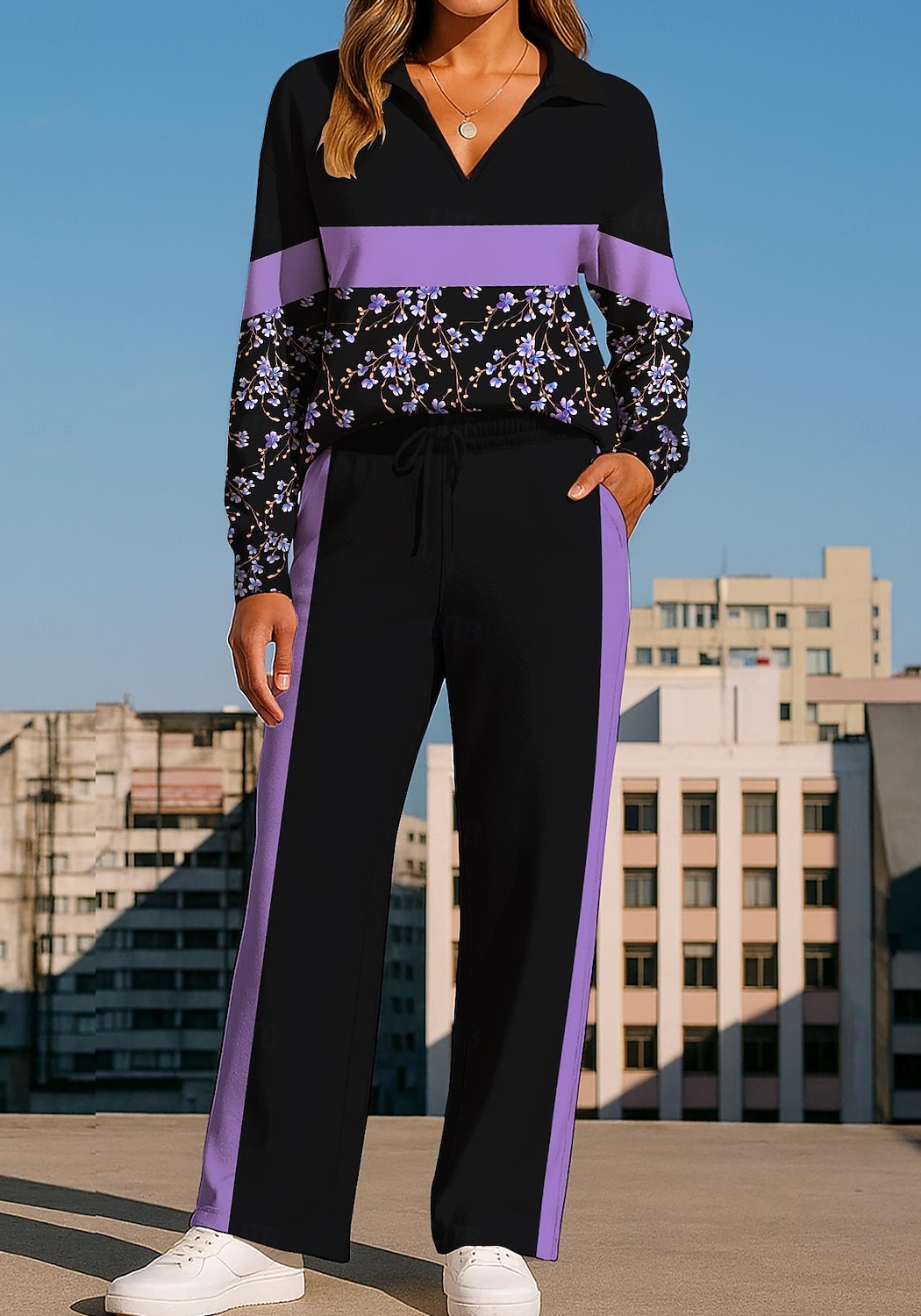 Women's Sweatshirt Tracksuit Sweatpants Drawstring Pocket Floral Jacket and Sweatpants Athletic Clothing Set Loungewear Summer Spring Fall Winter Blue / Black Violet Gym Workout Casual Workout 2026 - $44.99 –P3