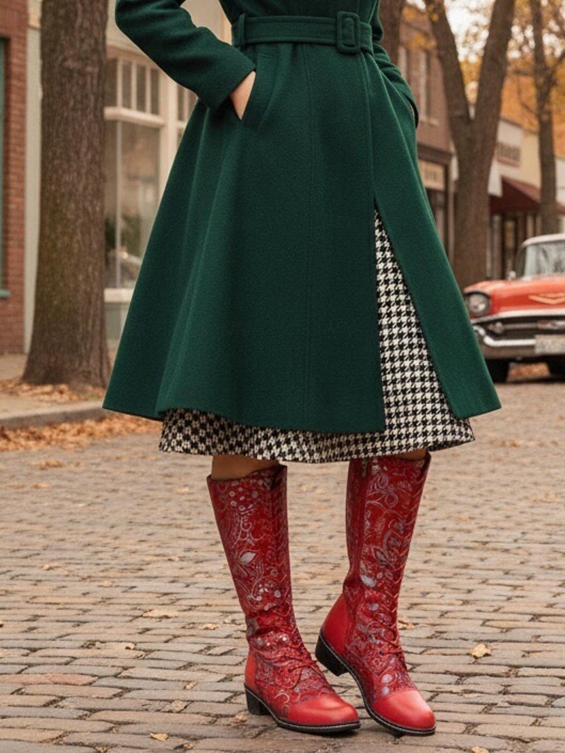 stivali alti fino al ginocchio da donna, con lacci ricamati rossi, con tacco a blocco, anni '50 – stivali in pelle con motivo floreale per abbigliamento casual e stile western del 2026 a $54.99 –P3