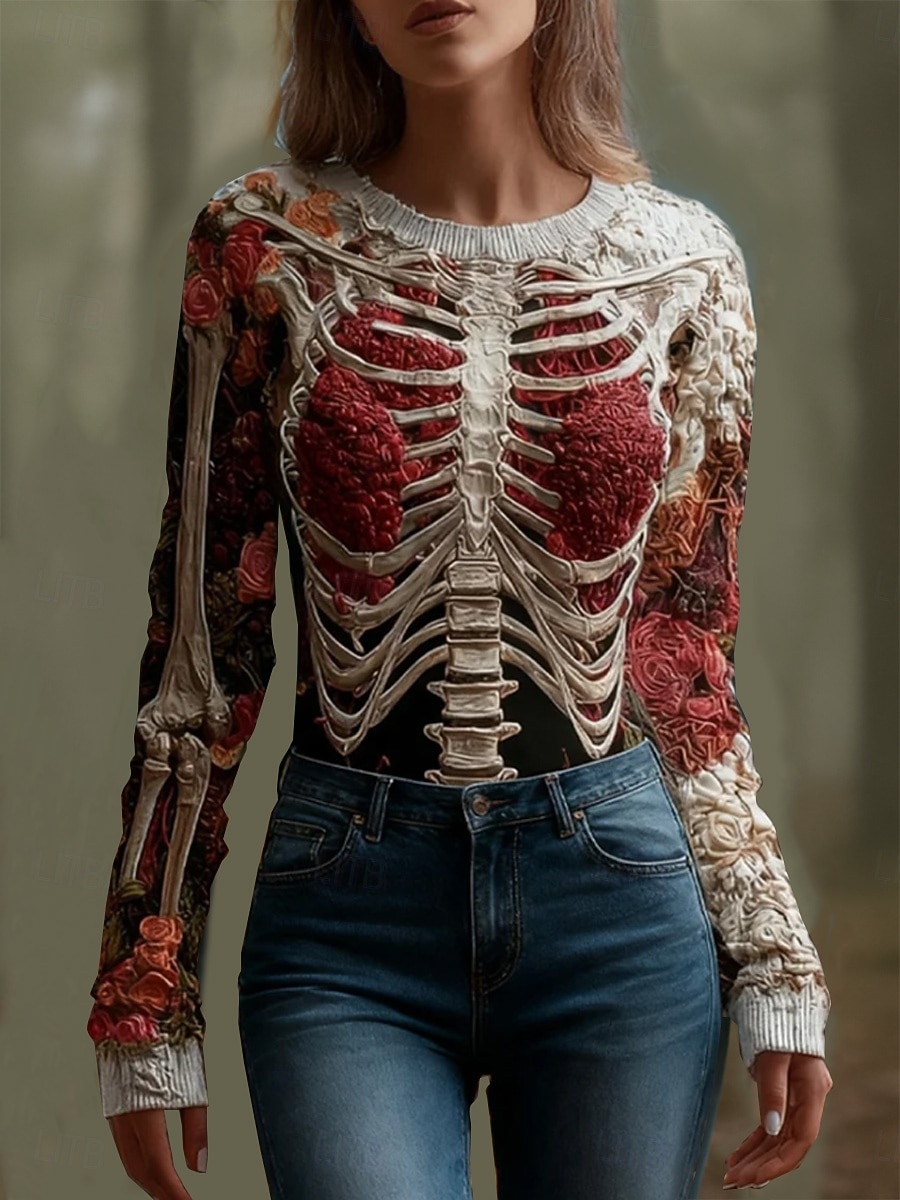 Pulover pentru femei Drăguț Streetwear Casual Grafică Schelet Guler rotund Patching Tricotat Mânecă lungă Regulare Îmbrăcăminte exterioară Roșie Toamnă Iarnă 2026 - $32.99 –P2