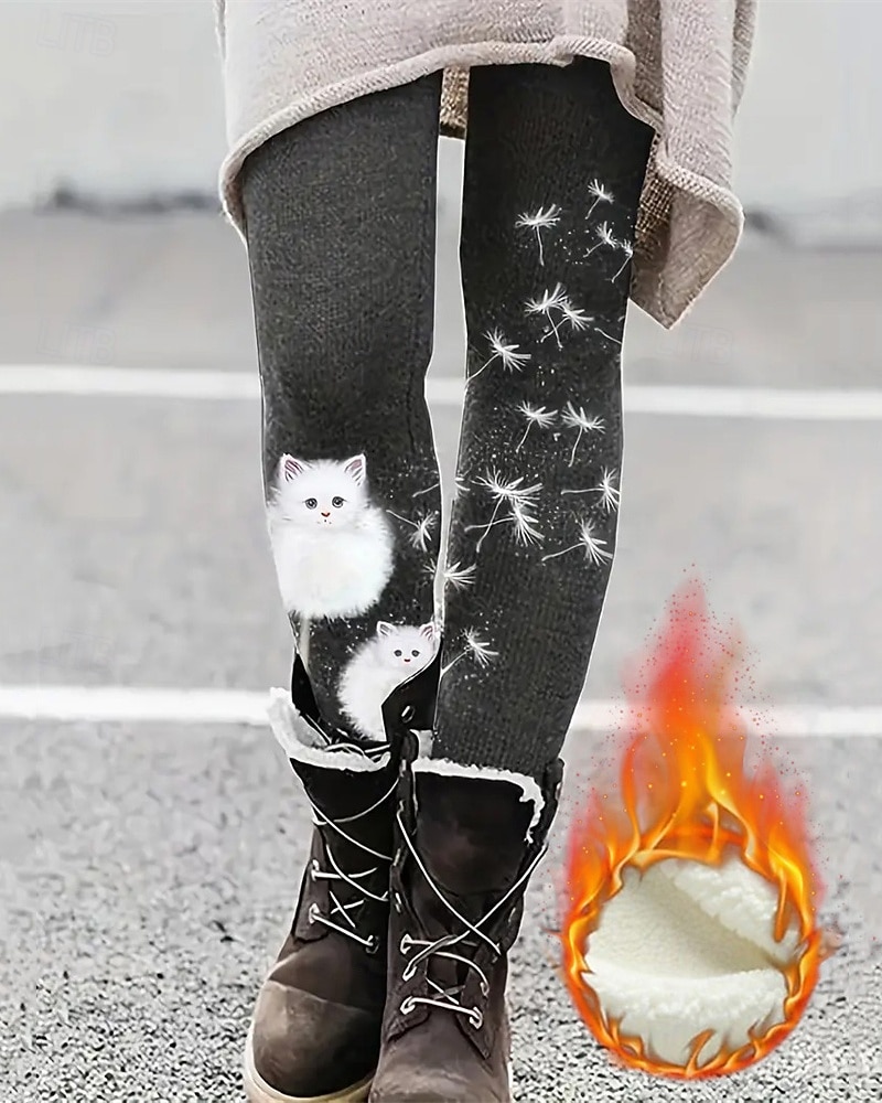 Mujer Polainas Leggings cómodos Moda Ropa de calle Básico Longitud total Alta cinturaPantsNavidad Graphic Gato Estampado Vellón Mantiene abrigado Confortable Elástico Exterior Casual Diario Negro 2026 - $36.99 –P1