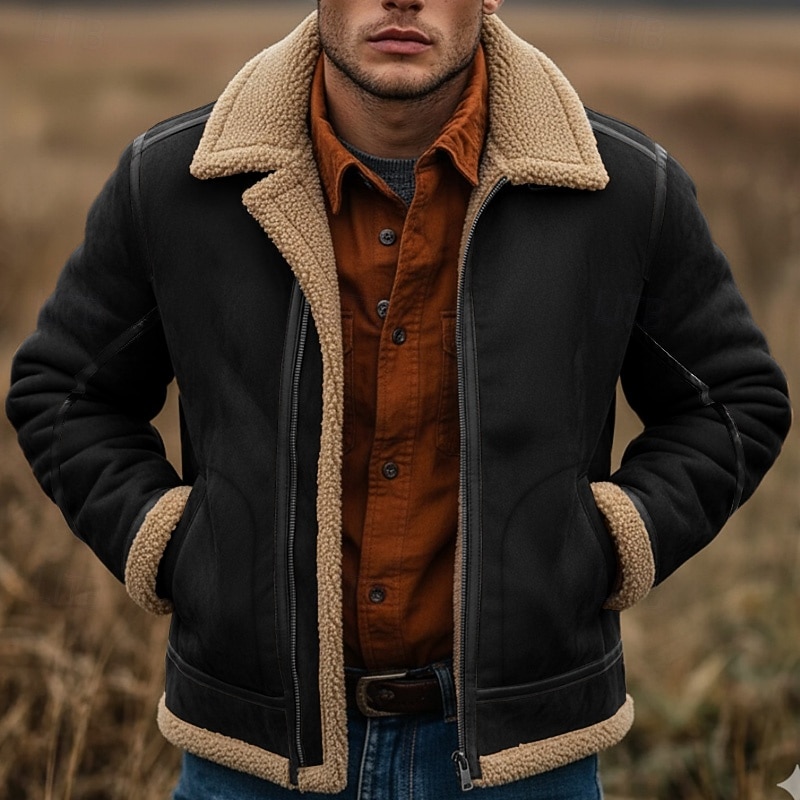 Men's Faux Suede Jacket Fleece Jacket Sherpa Jacket Brown Suede Jacket Casual Casual Daily Windbreaker Patchwork Pocket Winter Solid Color Vintage Fashion Shirt Collar Regular Black Brown Jacket 2026 - $66.99 –P6