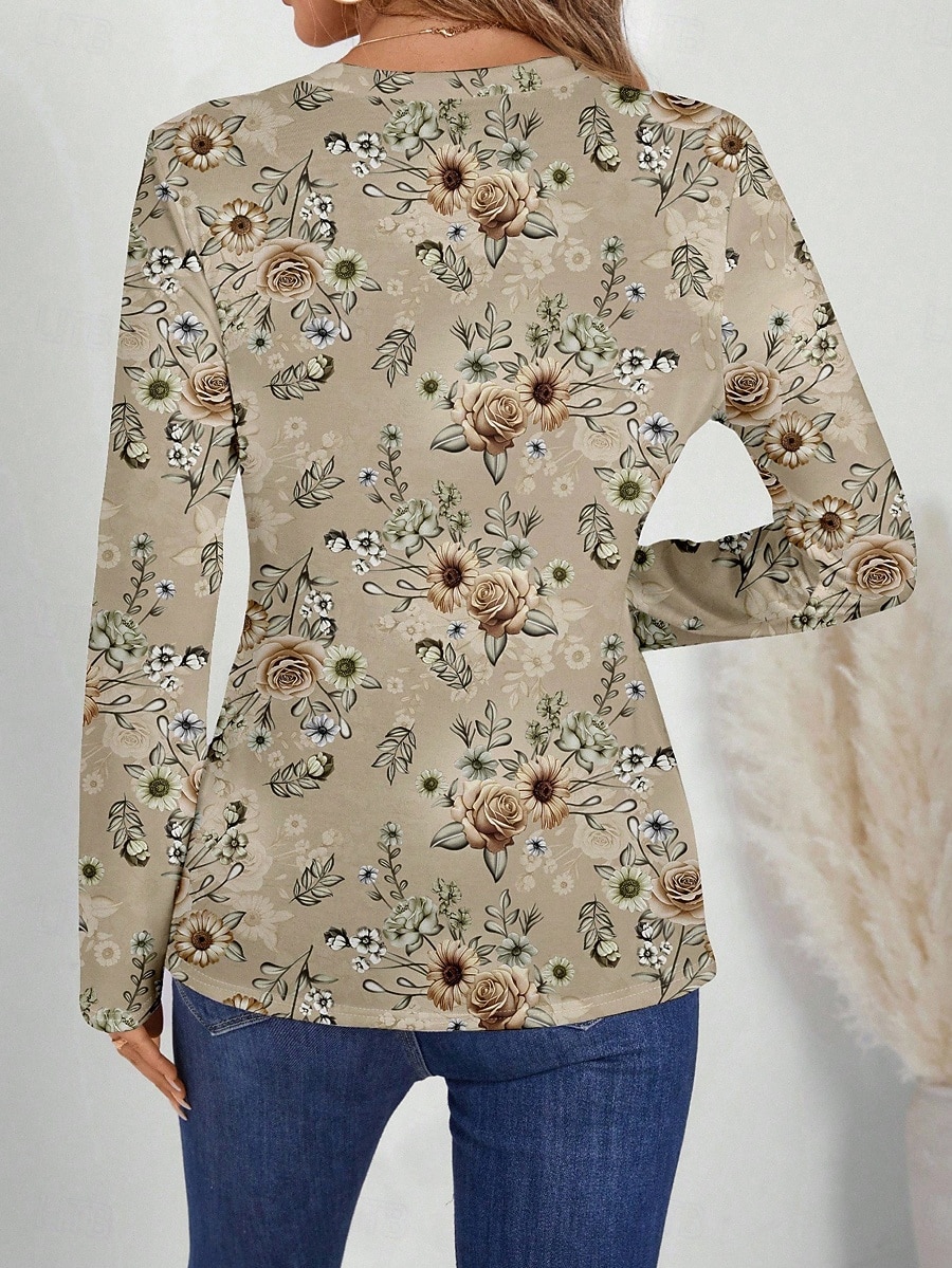 Per donna Maglietta Stampato Floreale Grafico Piante Vintage Elegante Classico Manica Lunga Scollo a V Top Regolari Quotidiano Cachi Primavera Autunno del 2026 a $24.99 –P2