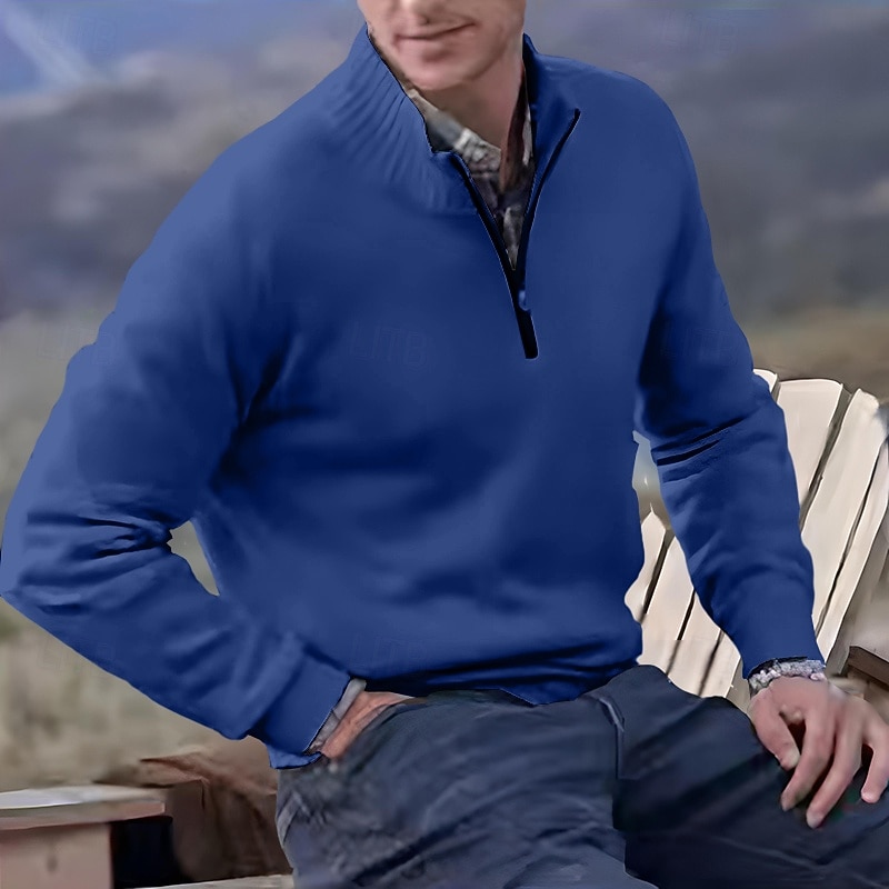 2026年 男性用 ニット プルオーバーセーター クォータージッププルオーバーセーター リブ ニット レギュラートップス ニット スリムフィット 平織り スタンドカラー ニット コンテンポラリー カジュアル デイリーウェア 衣類 秋 ディープパープル レイクブルー M L XL  コレクション – $30.99 –P14