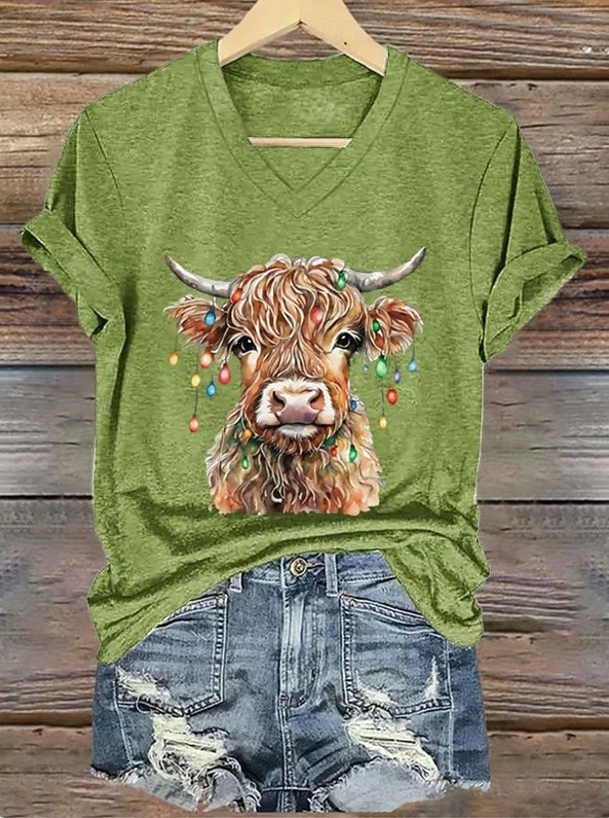 2026年 女性用Tシャツ グラフィック 動物 牛 ヴィンテージ スタイリッシュ クラシック 半袖 Vネック レギュラー トップス 日常用 プリント ブルー ブラック ホワイト ピンク レッド 夏 春 秋 冬  コレクション – $21.99 –P6