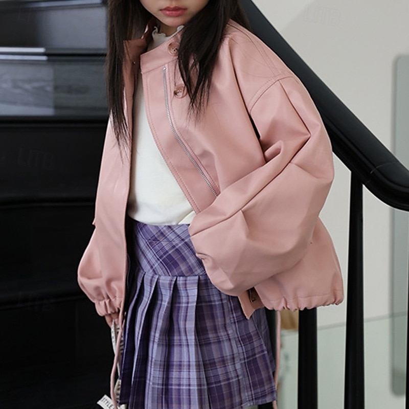 Gyerekek Lány Fekete bőrdzseki Jakna Tömör szín Divat Cipzár Zseb Szabadtéri Kabát Felsőruházat 4-12 év Ősz Fekete Arcpír rózsaszín 2025 - $38.99 –P7