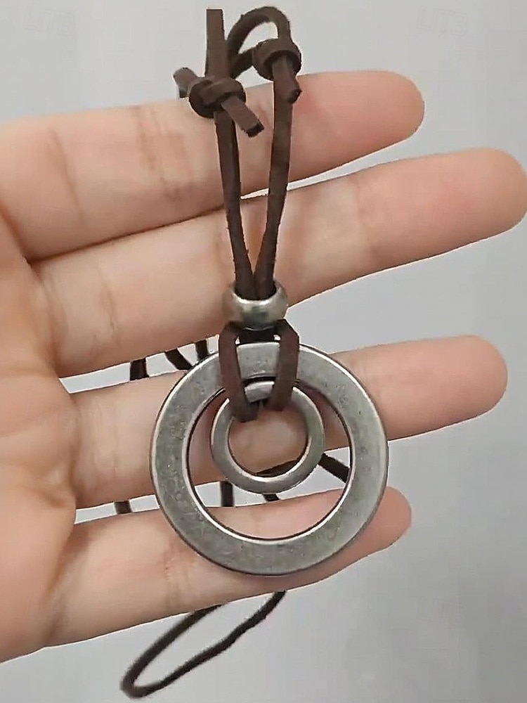 Justerbart halskjede med lærsnor for menn og dobbeltsirkelanheng – vintage, uformelt smykke for hverdagsbruk og utendørsstil 2025 - $9.99 –P3