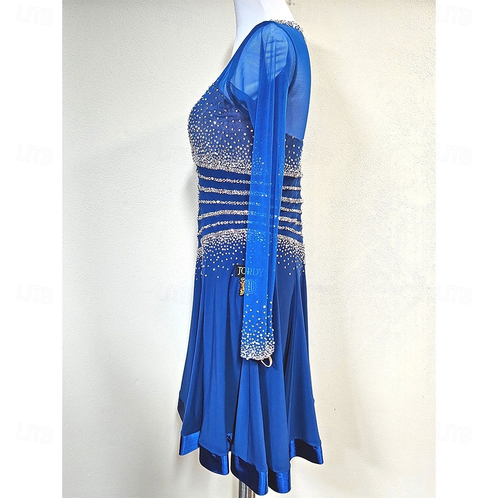 Women's Ballroom Dance Dress Royal Blue Crystal Rhinestone Long Sleeve Waltz Foxtrot Quickstep Competition Performance Gown 2026 - $375.79 –P2