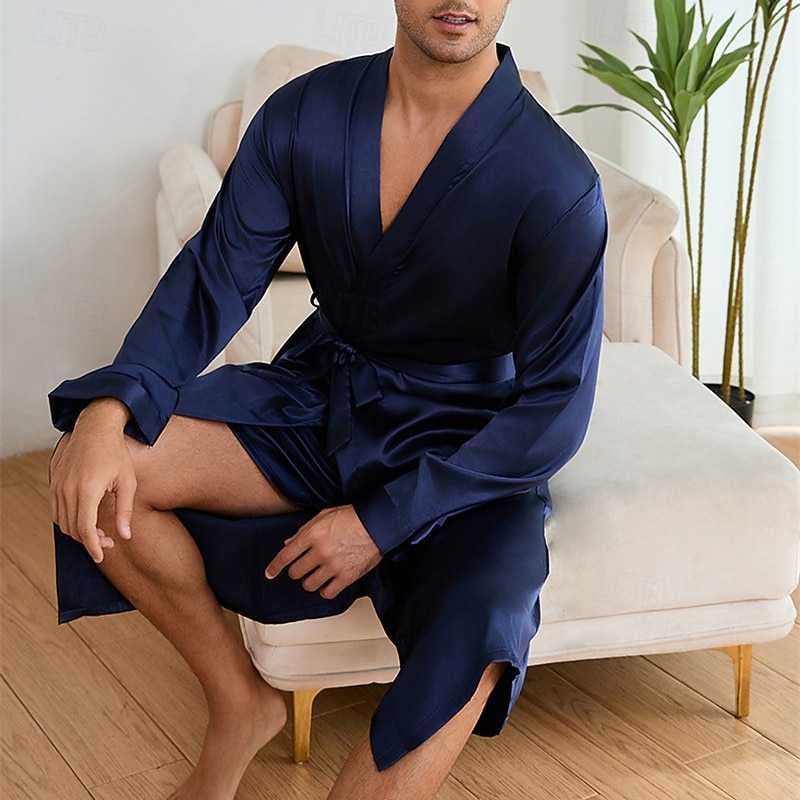 Herren Schlafanzug Seidenrobe Nachtwäsche Schlafanzug Set Einfach Mode Stilvoll Klassisch Heim Täglich Bett Polyester Komfort Weich V Ausschnitt Langarm Frühling Herbst Champagner Wein 2026 - $51.99 –P6