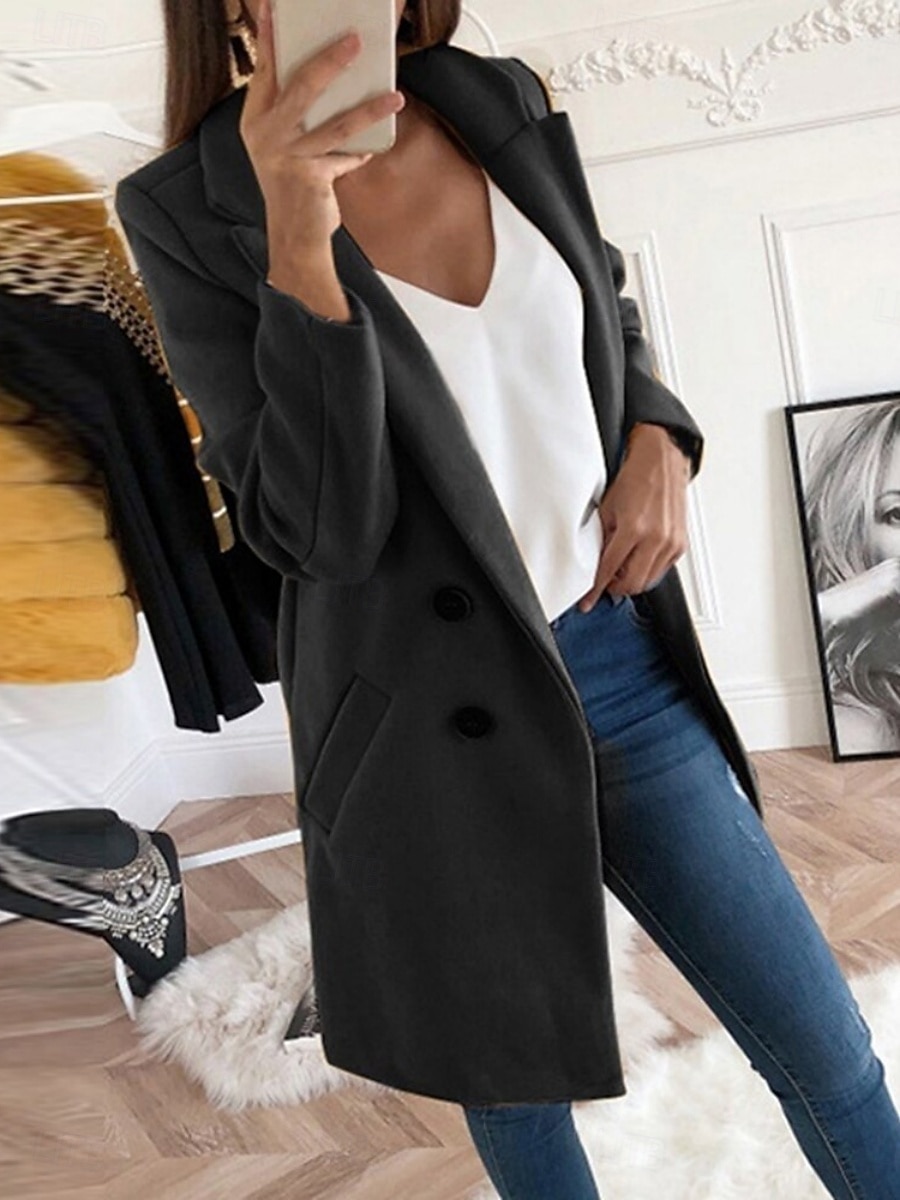 Dames Winterjas Comfortabel Ademend Zak Knop Casual Effen Vakantie Straat Casual Alledaagse kleding Enkele rij knopen Lang Strijkijzer Normale pasvorm Lange mouw bovenkleding Zwart Geel Rood Lente 2026 - $28.99 –P4