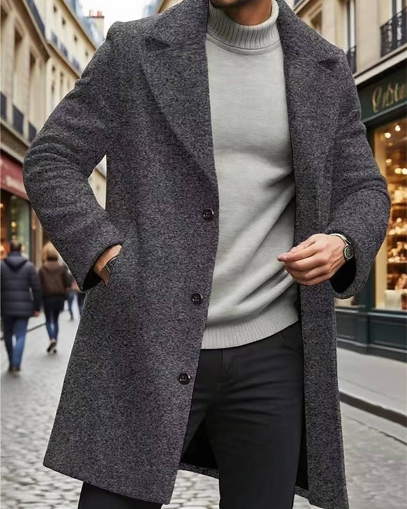 Pánské Kabát Trenčkot Dlouhý trenčkot Dovolená Denní Podzim Zima Polyester Větruvzdorné Zahřívací Svrchní oděvy Oblečení Módní Klasické Bez vzoru Kapsy Klopa Jednořadové sako s jedním knoflíkem 2025 - $36.99 –P1