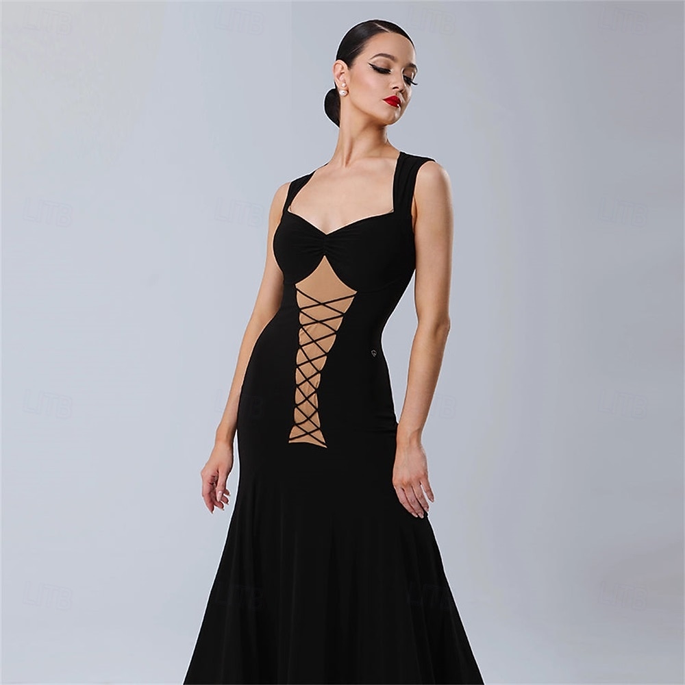 Женское платье для бальных танцев, черное, со шнуровкой и сетчатым эффектом спереди, элегантное, для выступлений в стиле танго, румбы и вальса 2025 - $348.69 –P6