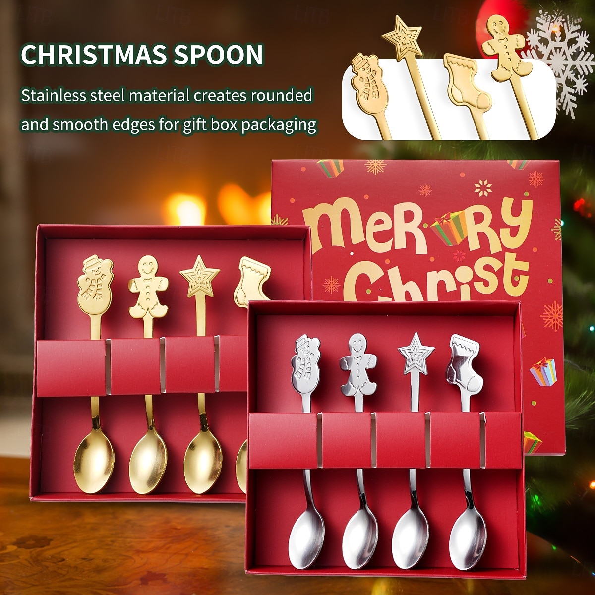 Cuchara navideña de acero inoxidable, juego de 4 piezas con diseño de árbol de Navidad, ideal para el hogar, café, cena, postres, helados y otras ocasiones especiales. Un regalo creativo para fiestas 2025 - $6.49 –P1