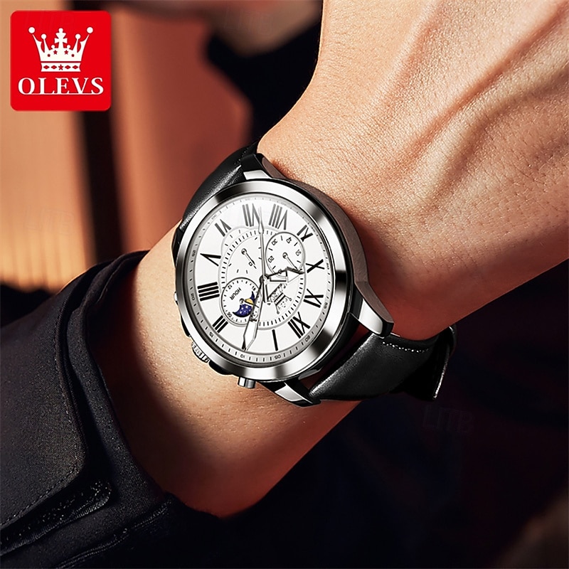 The New Olevs Brand Men'S Business Watch With Luminous Small Three Hands Moon Phase Display Multi-Functional Chronograph Three-Eye Casual Waterproof And Fashionable Quartz Watch Men'S Sports Wrist 2025 - $28.99 –P19