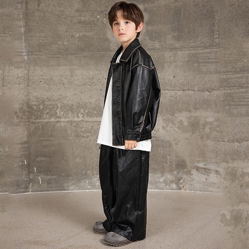 Детские Мальчики Черная кожаная куртка Жакет Верхняя одежда Полотняное плетение Длинный рукав Застегнуться ЗАЩИТА ОТ ВЛАГИ Защита от ветра Пальто Повседневные Мода На каждый день Черный Коричневый 2026 - $46.99 –P2