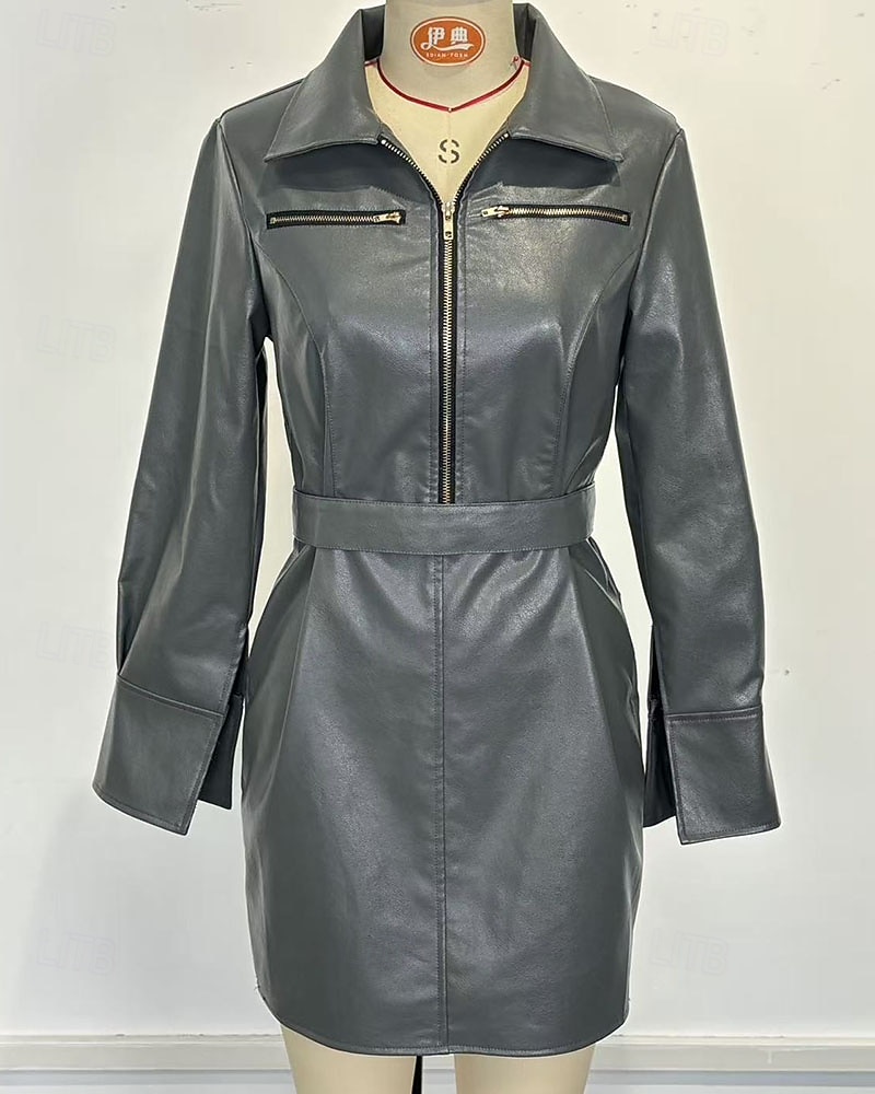 Women's Mini Dress Sheath Dress Leather Dress Fashion Modern Daily Vacation Going out Regular Fit Plain Long Sleeve Shirt Collar Grey Spring Fall Winter 2026 - $51.99 –P3