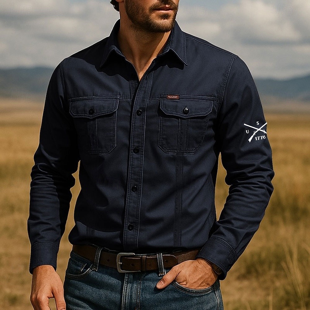 Herren Mit Buchstaben bedruckt Arrow 1776 Arbeitshemd Westernhemd Cargohemd Langarm Taktisch Vintage-Retro Sport im Freien Arbeitskleidung Frühling Herbst Umlegekragen Zwei Fronttaschen Hemden mit 2026 - $27.99 –P3