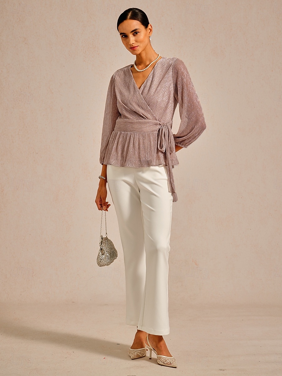 Mulheres Blusa gravata na frente Metálico Elegante Manga Longa Decote V Tops regulares Convidado do casamento Roupas para encontros noturnos Traje para coquetel Rosa Verão Primavera Outono Inverno de 2026 por $63.99 –P1