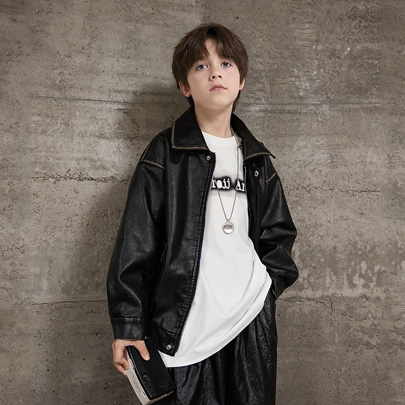 Детские Мальчики Черная кожаная куртка Жакет Верхняя одежда Полотняное плетение Длинный рукав Застегнуться ЗАЩИТА ОТ ВЛАГИ Защита от ветра Пальто Повседневные Мода На каждый день Черный Коричневый 2026 - $46.99 –P1
