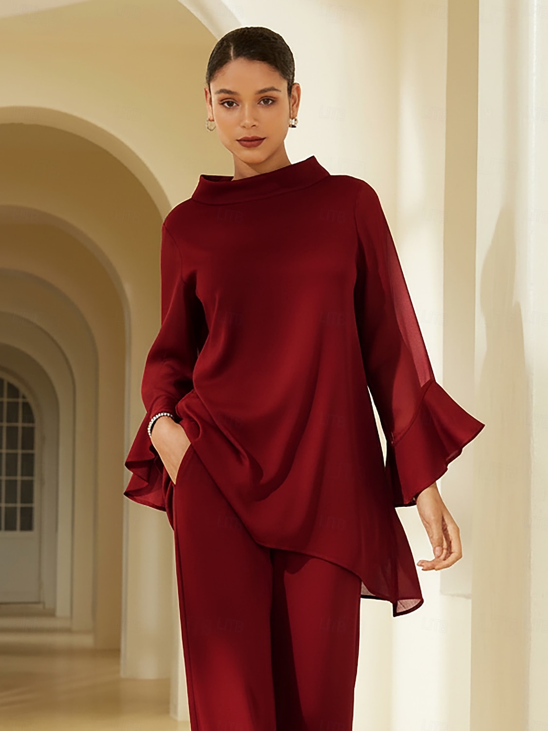 camicetta da donna in chiffon elasticizzato rosso natalizio, patchwork, manica 3/4, scollo a barca, primavera autunno del 2026 a $79.99 –P2