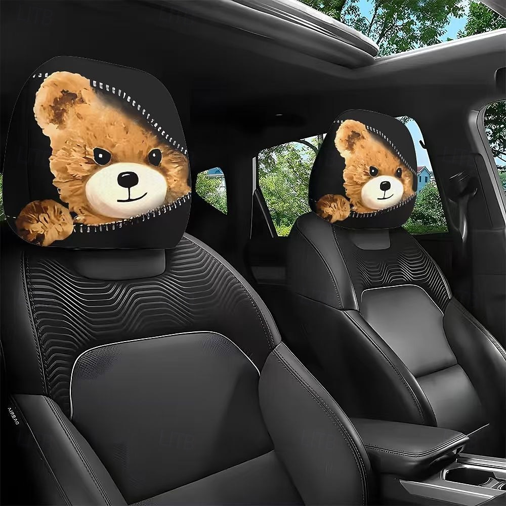 2 stuks schattige dieren auto hoofdsteun hoes - dubbelzijdig bedrukt ontwerp, elastische niet-gevulde pasvorm autostoel beschermers, krasbestendige hoofdsteun decoratie voor auto's, vrachtwagens, 2025 - $9.99 –P6