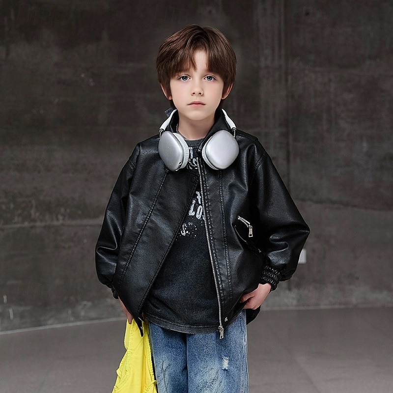 Kid's Boys' Black Leather Jacket Jacket Outerwear Plain Long Sleeve Zip Up Waterproof Windproof Coat Daily Fashion Casual Black Green Spring Fall 4-12 Years 2026 - $46.99 –P6