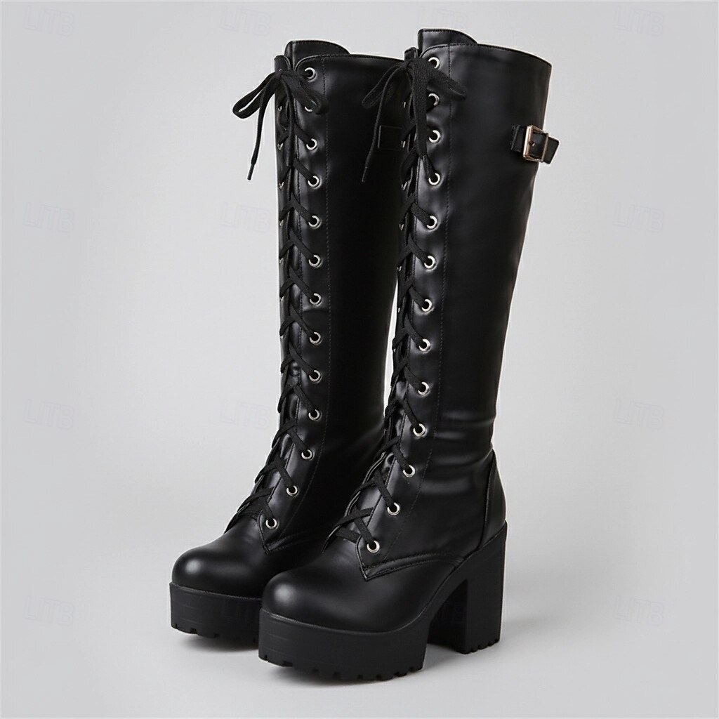 Zwarte platform veterschoenen voor dames tot aan de knie met dikke hakken en gespdetail – gothic of punkstijl voor herfst en winter 2026 - $69.99 –P2