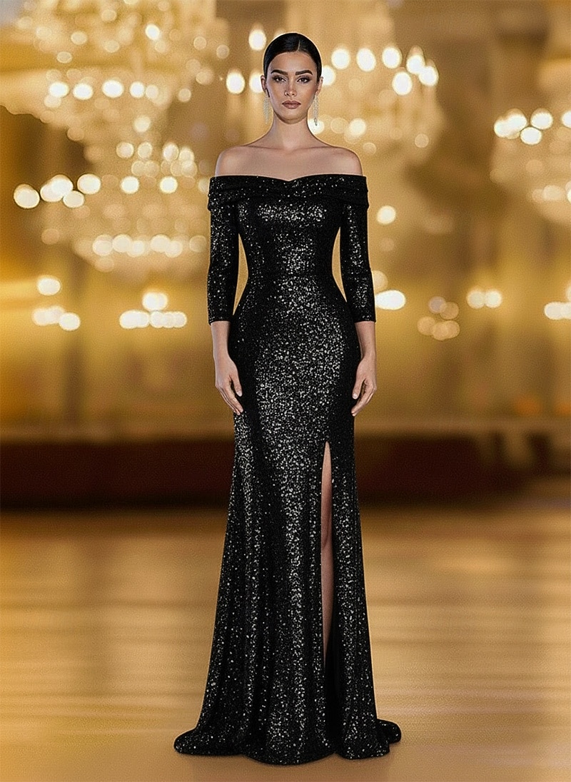 Mermaid / Trumpet Floor Length Prom Dresses Evening Gown Ball Gown Formal Dress Elegant Vintage 3/4 Length Sleeve Off Shoulder Formal Wedding Sequined with Ruched Sequin Slit 2025 - $154.99 –P4